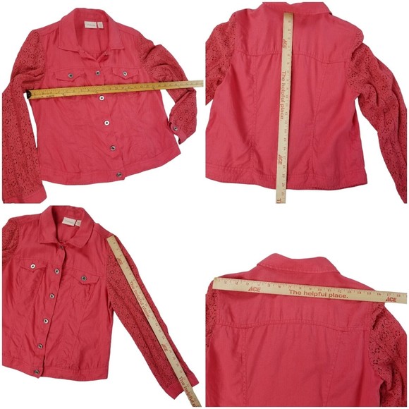 Chico's Linen Shacket Truckers Jacket Womens Sz M ( 1 ) Lace Sleeve Salmon - Picture 5 of 16